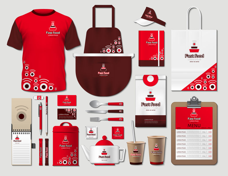 Business Fastfood Corporate Identity Items Set. Vector Fastfood Red Color Promotional Uniform, Apron, Menu, Timetable, Coffee Cups Design With Logos. Work Stuff Stationery 3d Realistic Collection
